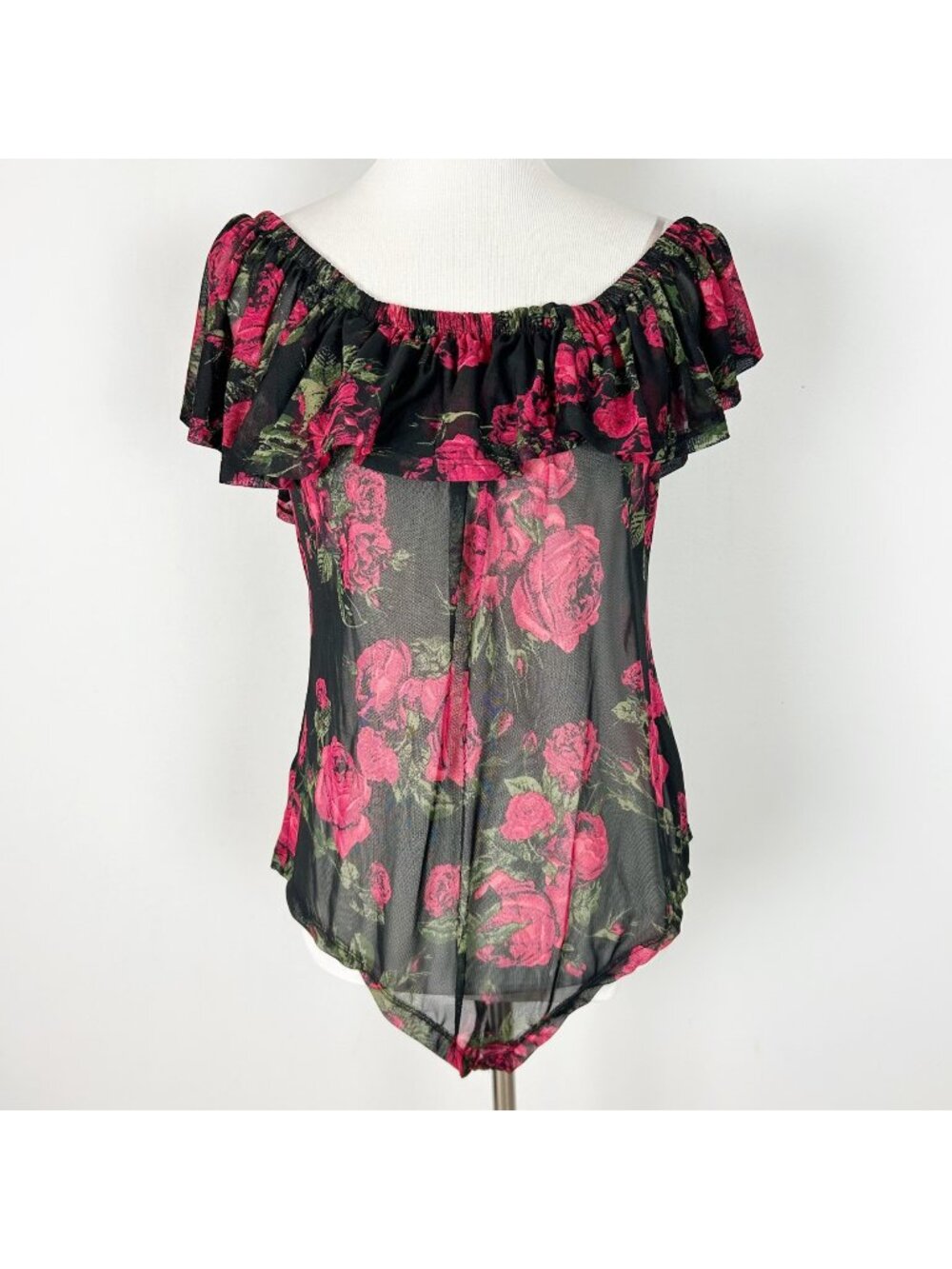 Y2K Black Floral Sheer Mesh Bodysuit Top Off The Shoulder Size 2X Women's